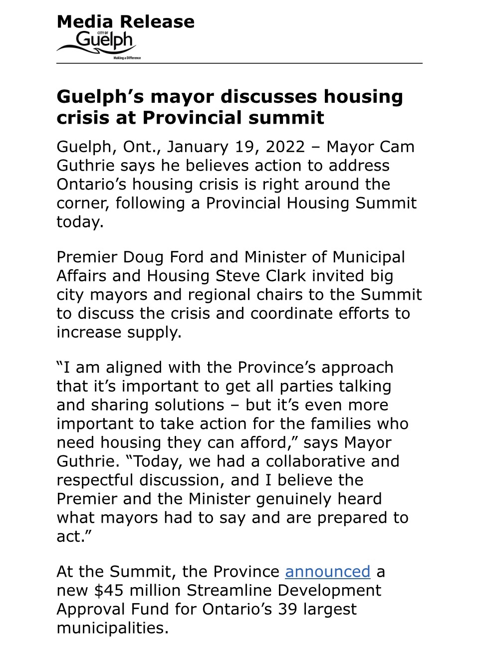 Mayor Cam Guthrie Today’s HousingSummit With Premier FordNation