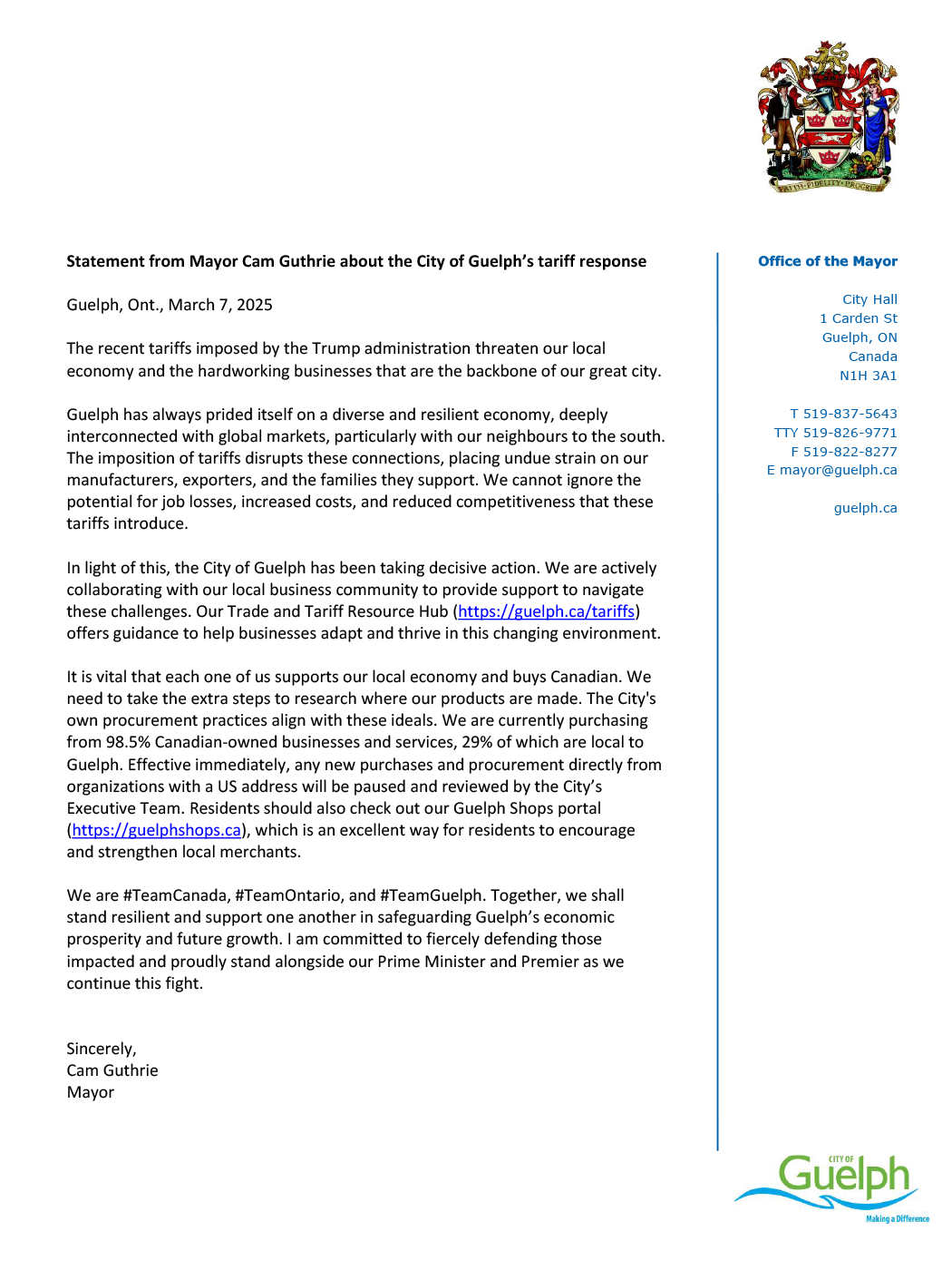 Statement about the City’s tariff response